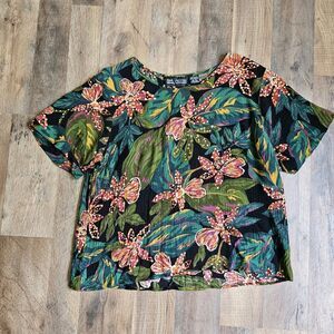 Vts. Block Island Petites Women's PL Top s Green Leaf & Floral Blouse 100% Rayon